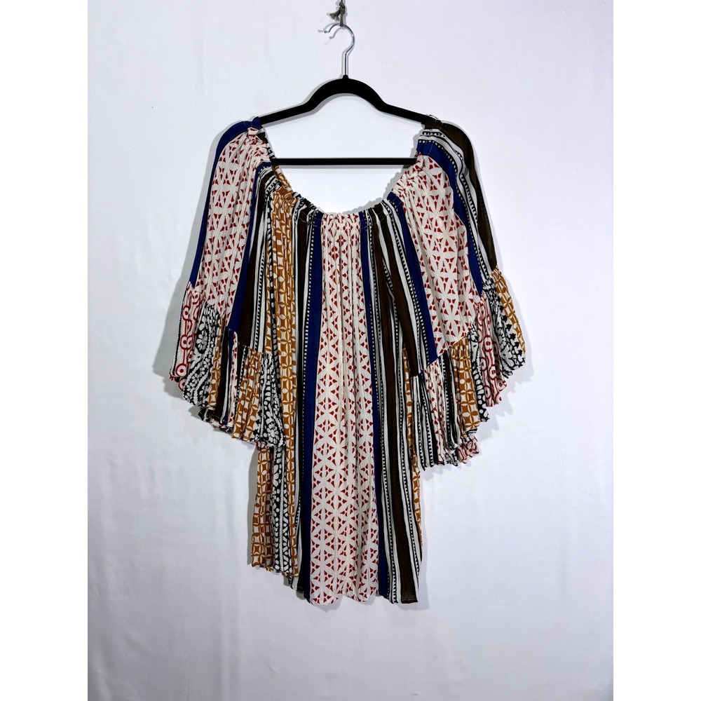 Funky Tribal Mixed Print Elan Tiered Bell Sleeve Tunic Top Womens OS Multicolor